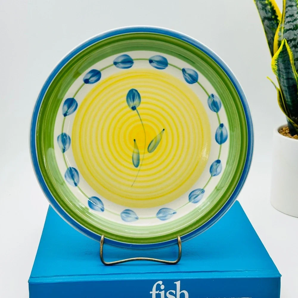 Trisa‎ Hand Painted Stoneware Dinner Plate Yellow Green Blue Floral 10.5